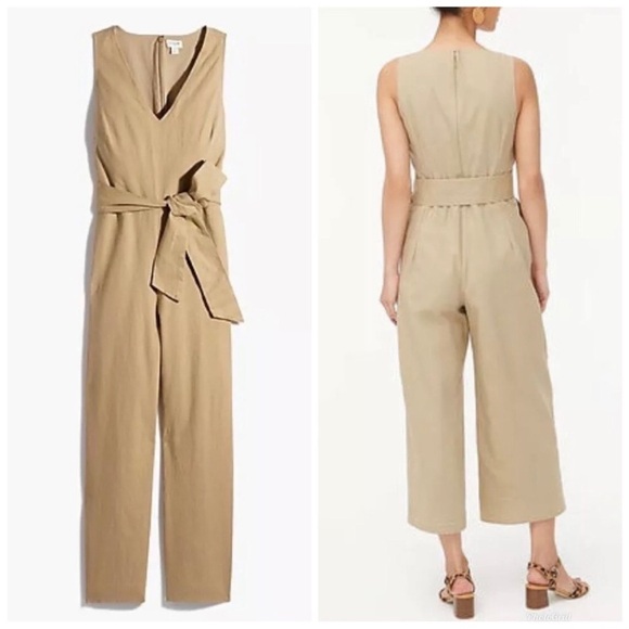 J.Crew Factory Khaki Linen Blend sleeveless belted jumpsuit size 14 - Picture 1 of 11